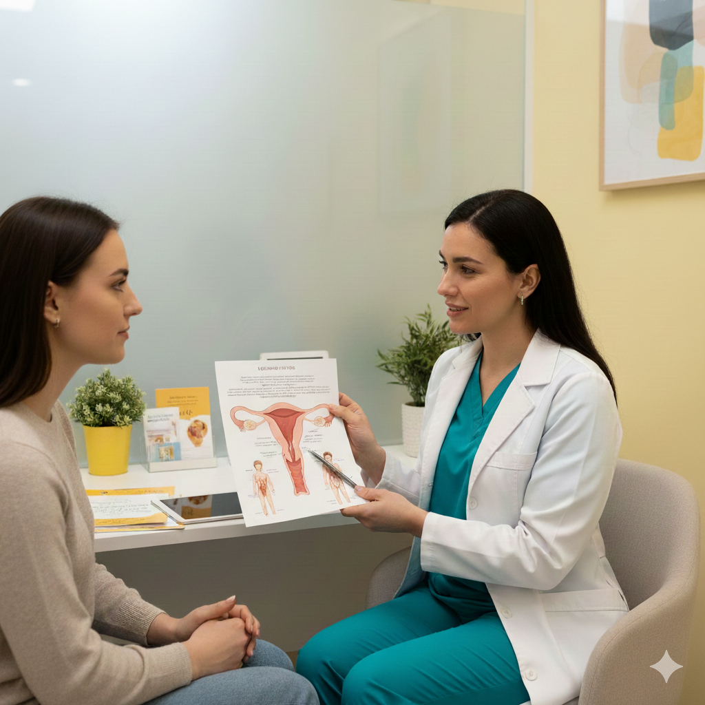 A compassionate doctor explains the hymenoplasty procedure to a patient at Lemonade Aesthetic Clinic